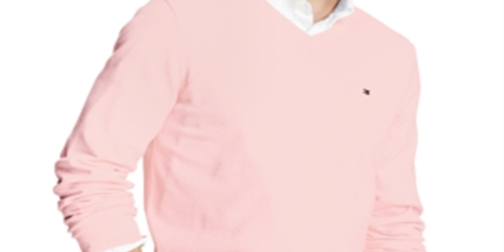 Suéter Tommy Hilfiger Signature Masculino Regular Fit com Decote em V e Manga Longa Rosa Tamanho G