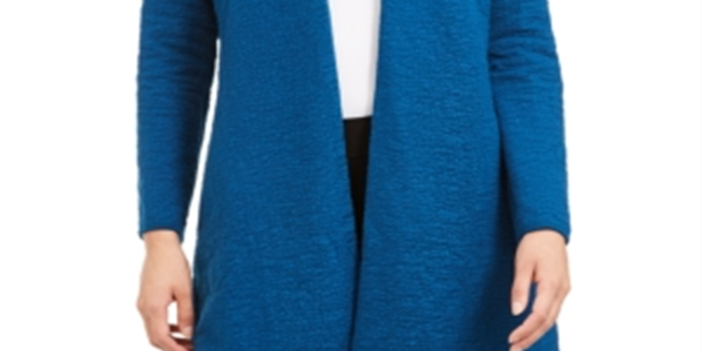 Jaqueta longa feminina Alfani com frente aberta, azul, tamanho grande