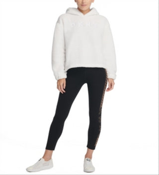 Moletom com capuz feminino DKNY com logo de pele sintética, branco, tamanho GG