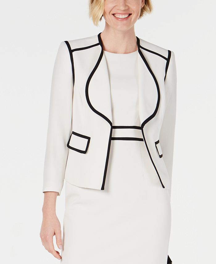Blazer feminino Kasper com lapela em asa e acabamento contrastante, branco, tamanho 8