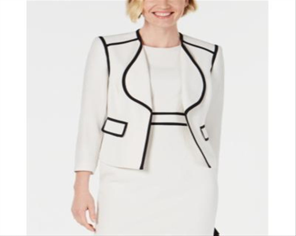 Blazer feminino Kasper com lapela em asa e acabamento contrastante, branco, tamanho 8