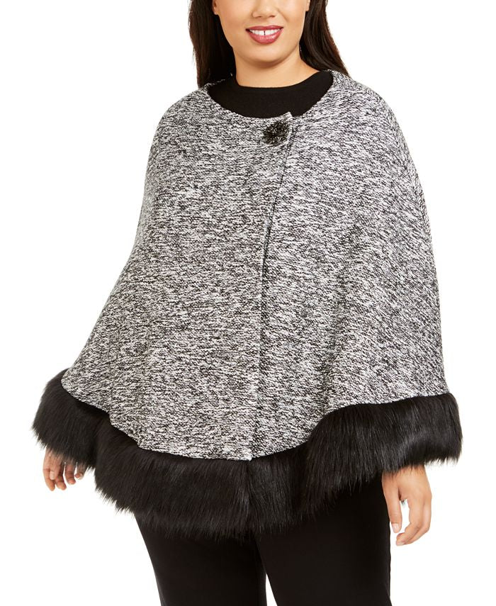 JM Collection Poncho feminino plus size com acabamento em pele sintética, preto, tamanho 0X/1X