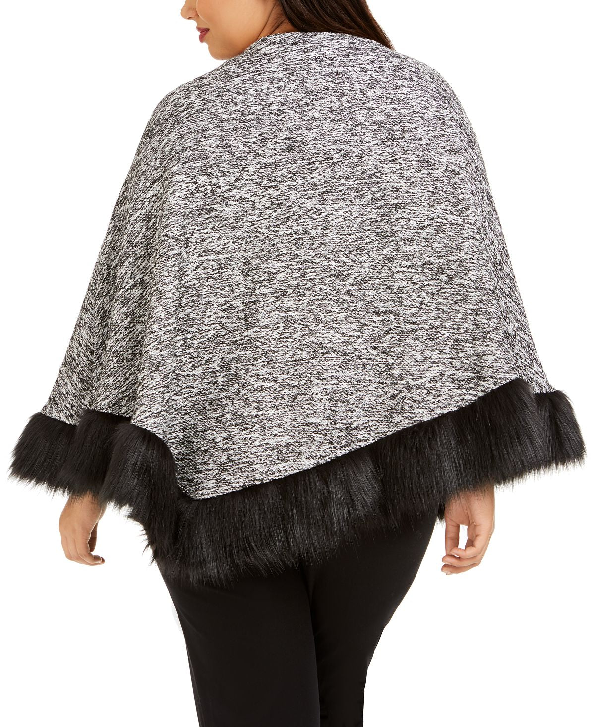 JM Collection Poncho feminino plus size com acabamento em pele sintética, preto, tamanho 0X/1X