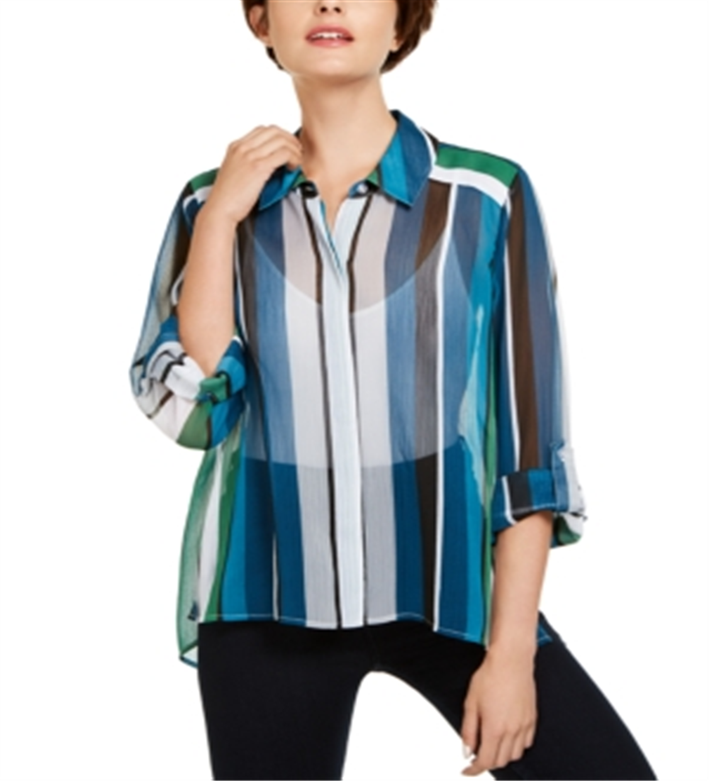 Camisa feminina com botões e listras verticais Petite da INC International Concepts, verde, tamanho Petite S