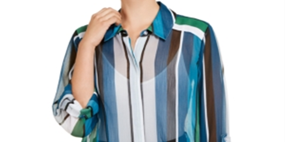 Camisa feminina com botões e listras verticais Petite da INC International Concepts, verde, tamanho Petite S