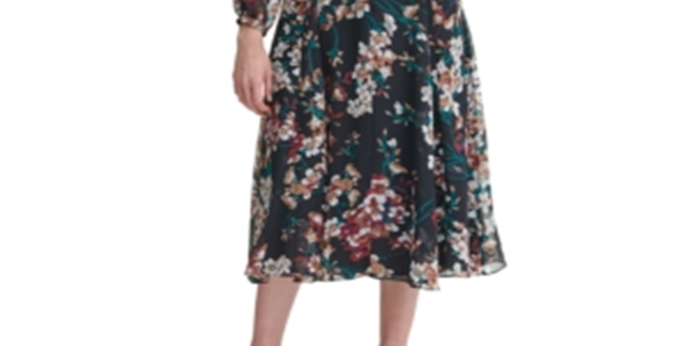 Vestido tubinho midi com decote em joia e manga comprida floral Tommy Hilfiger feminino, preto, tamanho 12