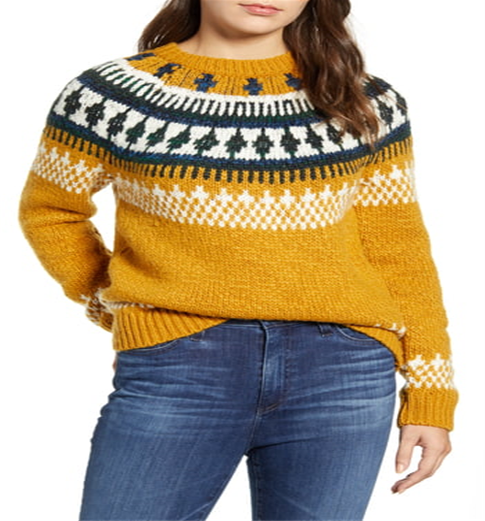 Suéter feminino Lucky Brand com estampa de manga comprida e gola redonda, amarelo, tamanho médio