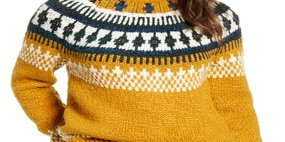 Suéter feminino Lucky Brand com estampa de manga comprida e gola redonda, amarelo, tamanho médio