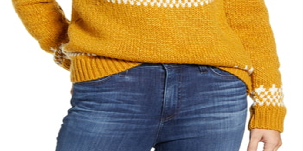 Suéter feminino Lucky Brand com estampa de manga comprida e gola redonda, amarelo, tamanho médio