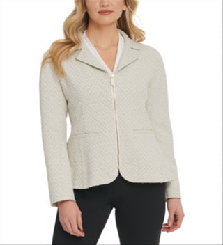 Blazer feminino DKNY de malha com zíper, bege, tamanho 14