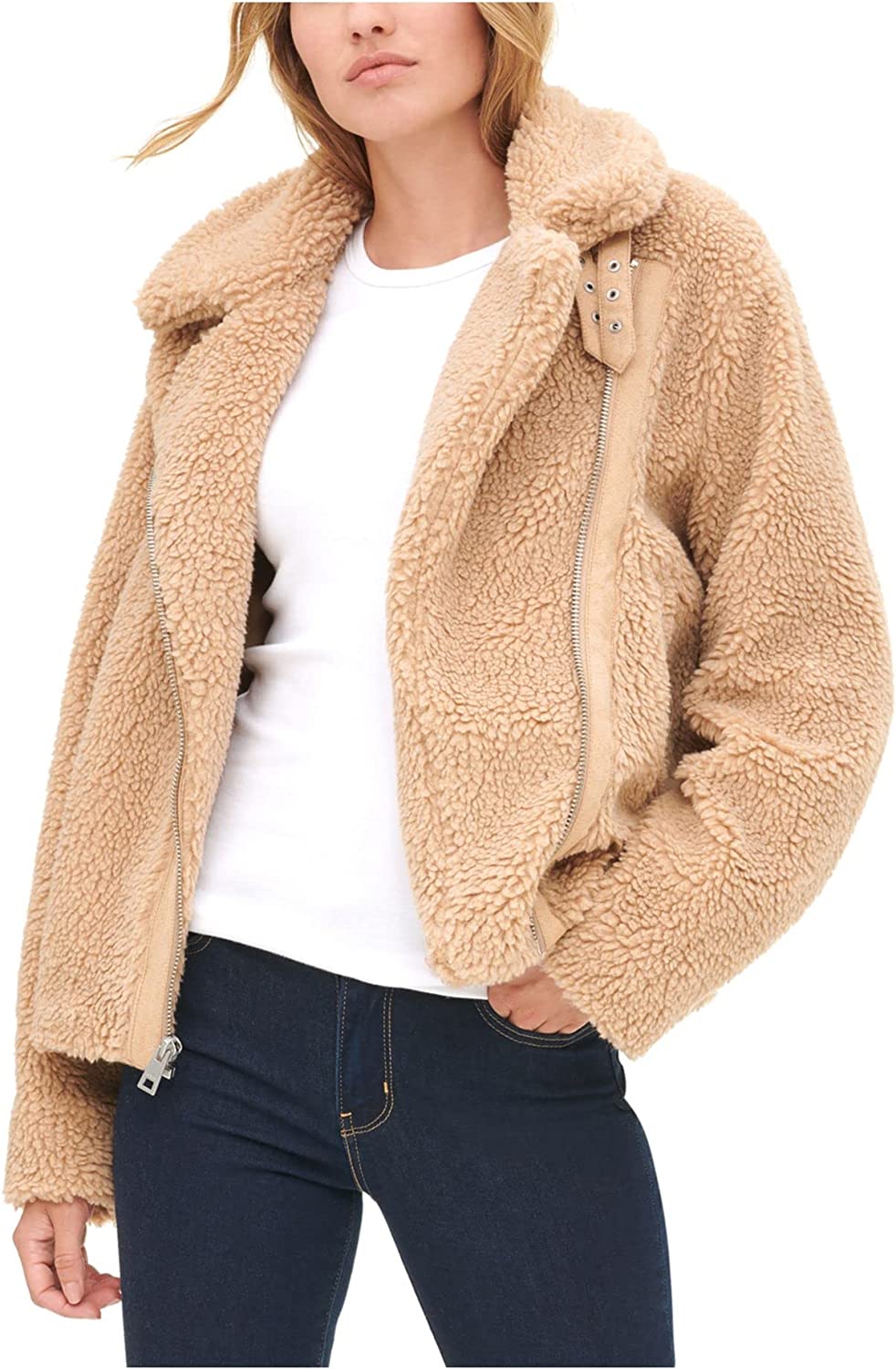 Jaqueta de motociclista feminina Levi's Sherpa com bolso e zíper, marrom, tamanho extragrande