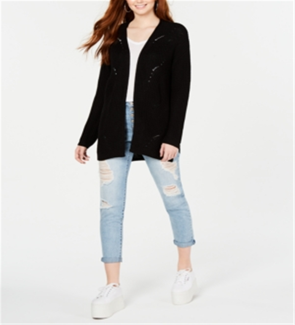 Cardigan feminino de manga comprida Pointelle da Hippie Rose, preto, tamanho M