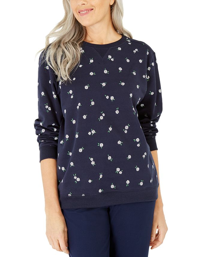 Karen Scott Daisies Fleece Crewneck Top Azul Tamanho XS