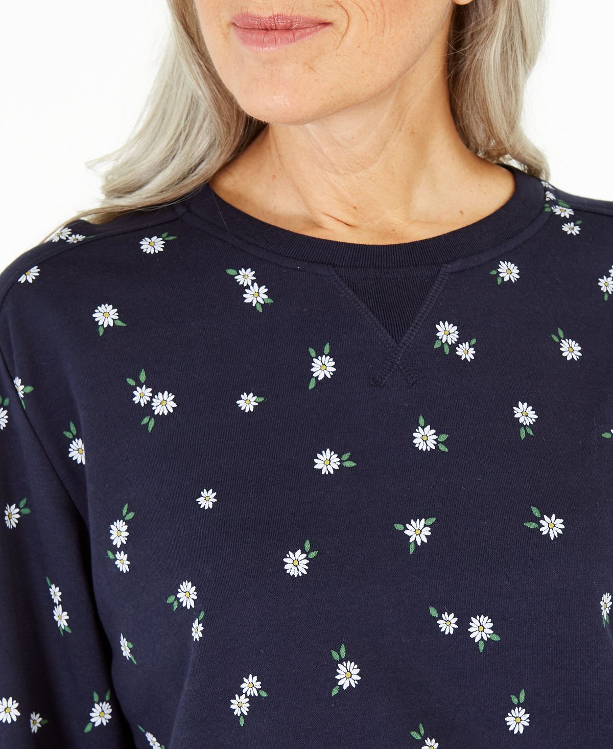 Karen Scott Daisies Fleece Crewneck Top Azul Tamanho XS