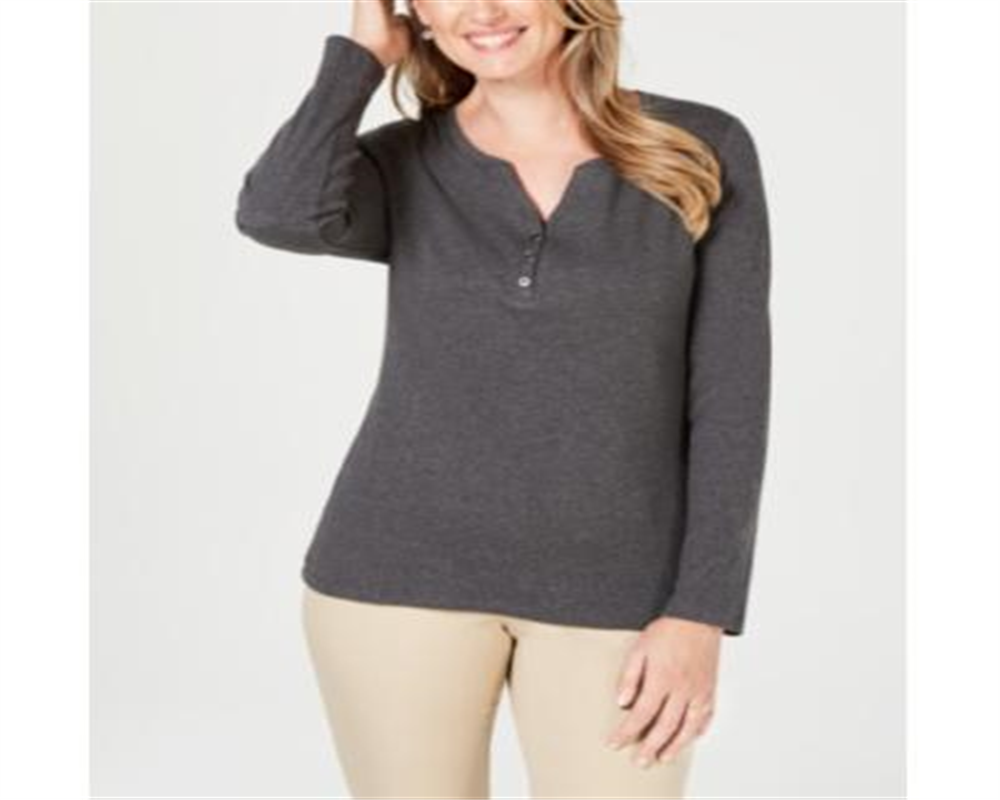 Karen Scott Top Henley de Algodão Feminino Cinza Tamanho Médio