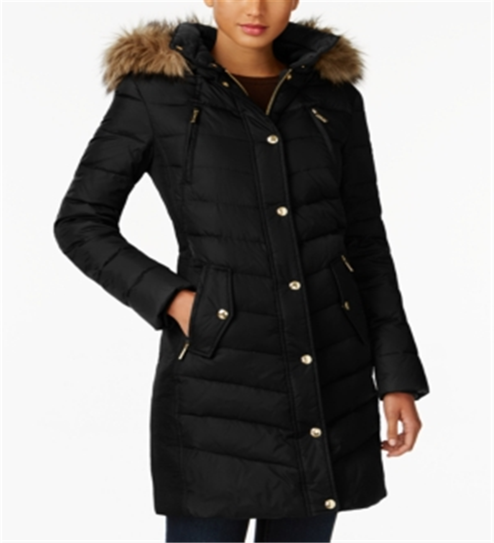 Casaco acolchoado com capuz e acabamento em pele sintética Michael Kors feminino, preto, tamanho XS