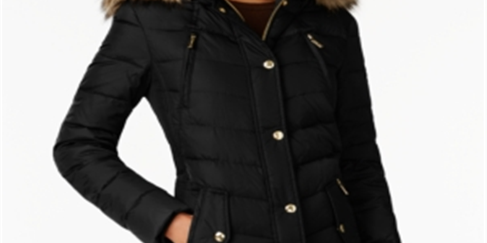Casaco acolchoado com capuz e acabamento em pele sintética Michael Kors feminino, preto, tamanho XS