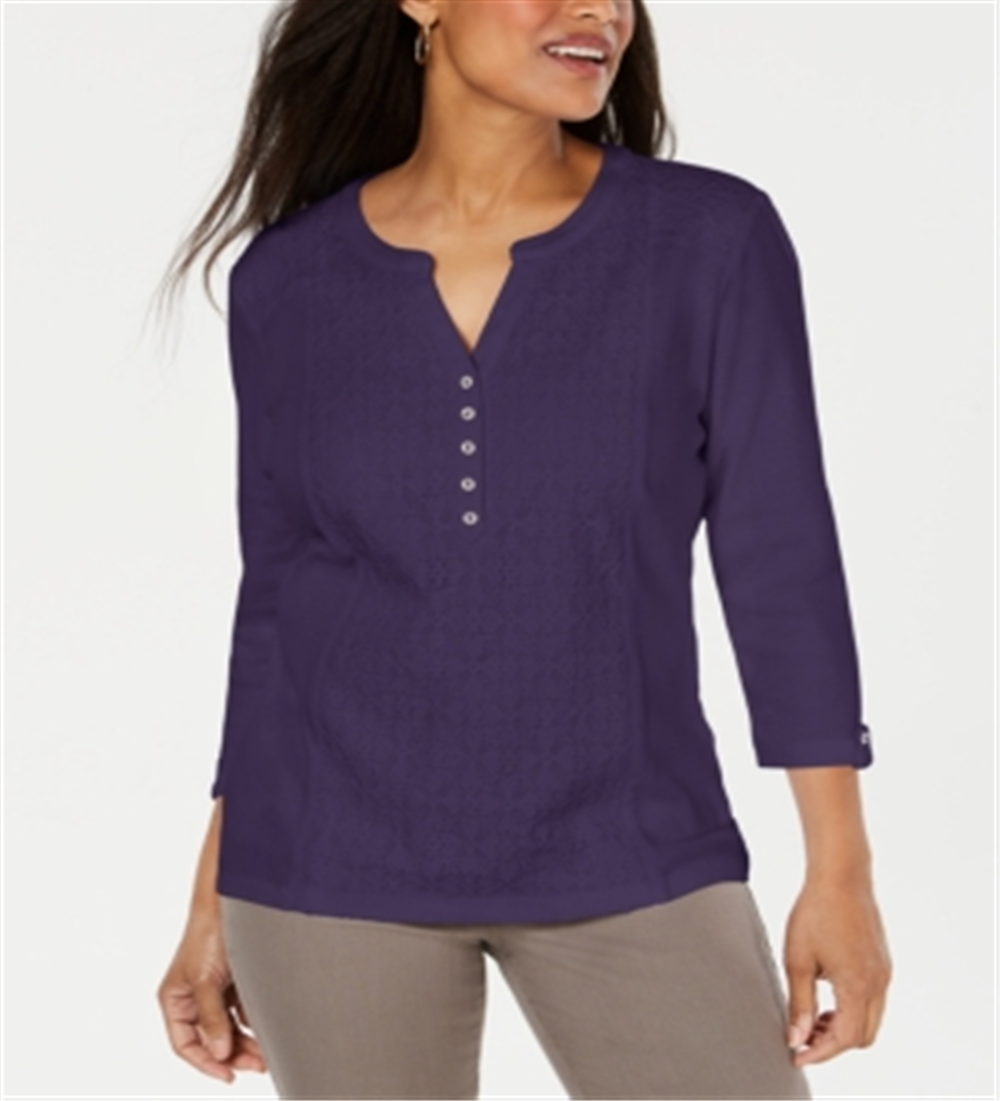 Karen Scott Top Henley Feminino de Algodão com Ilhós Frontais Roxo Tamanho Pequeno Médio