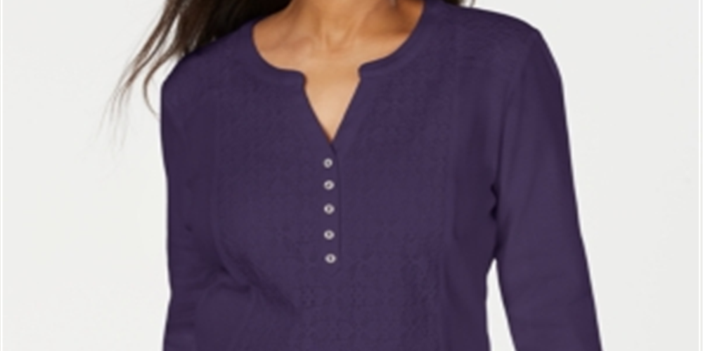 Karen Scott Top Henley Feminino de Algodão com Ilhós Frontais Roxo Tamanho Pequeno Médio