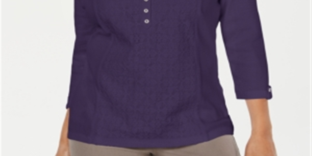 Karen Scott Top Henley Feminino de Algodão com Ilhós Frontais Roxo Tamanho Pequeno Médio