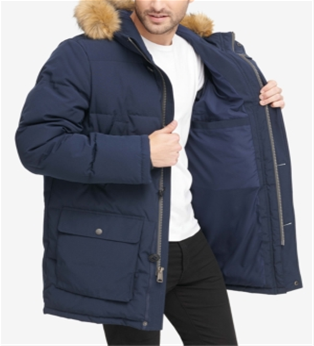 Tommy Hilfiger Parka Longa Masculina com Capuz de Pele Sintética Azul Tamanho Médio