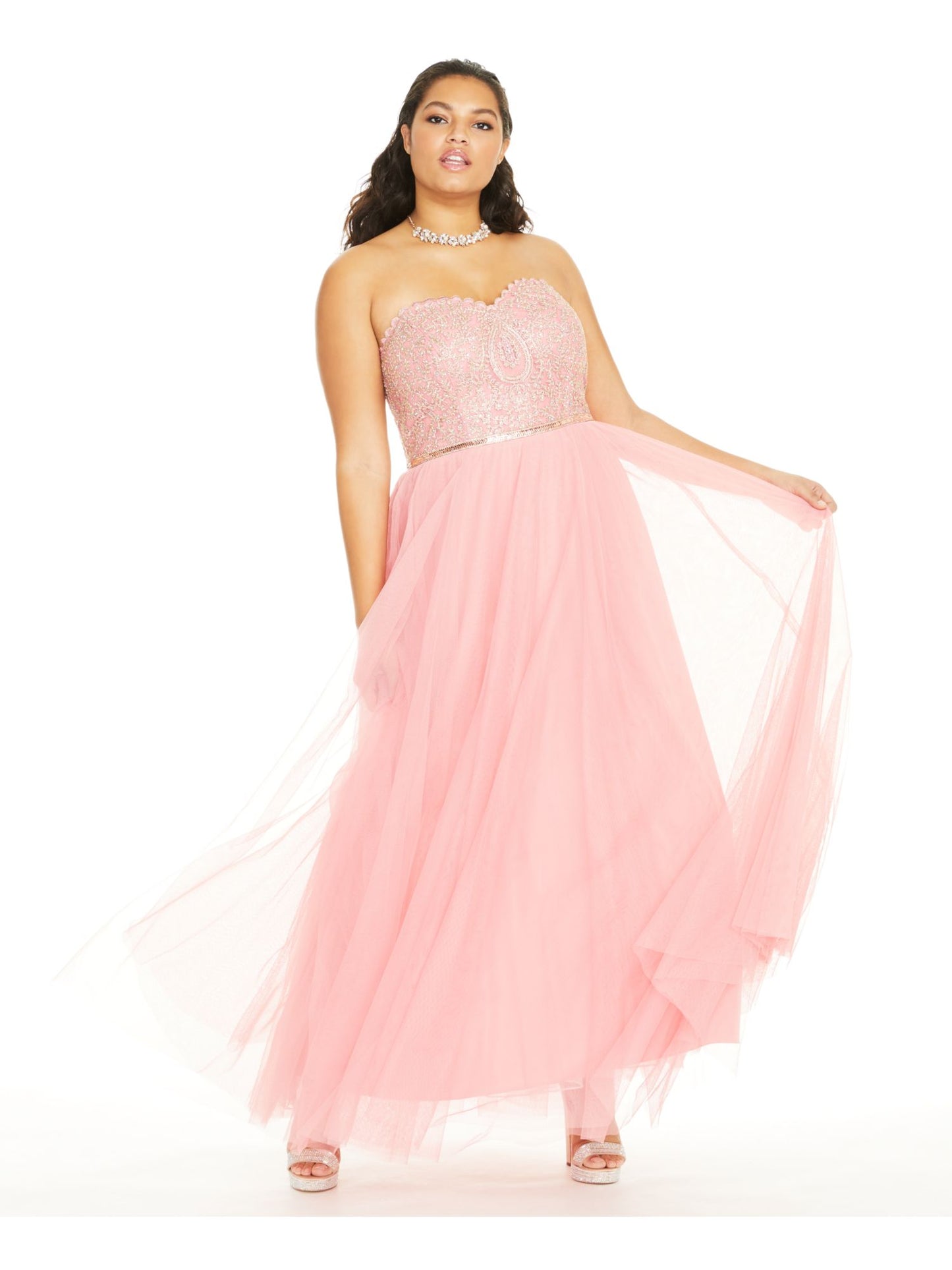 City Studios Women's Embellished Spaghetti Strap Sweetheart Neckline Full Length Formal Fit Flare Dress Pink Size 16W