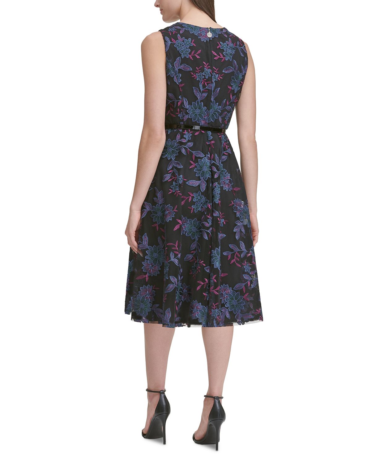 Vestido feminino Tommy Hilfiger de manga curta na altura do joelho, preto, tamanho 14