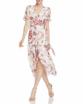 Vestido envelope floral feminino Bardot, manga curta, branco, tamanho 8
