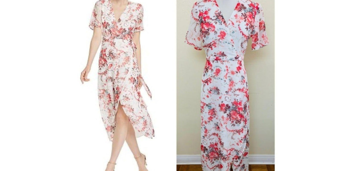 Vestido envelope floral feminino Bardot, manga curta, branco, tamanho 8