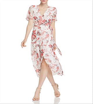 Vestido envelope floral feminino Bardot, manga curta, branco, tamanho 8