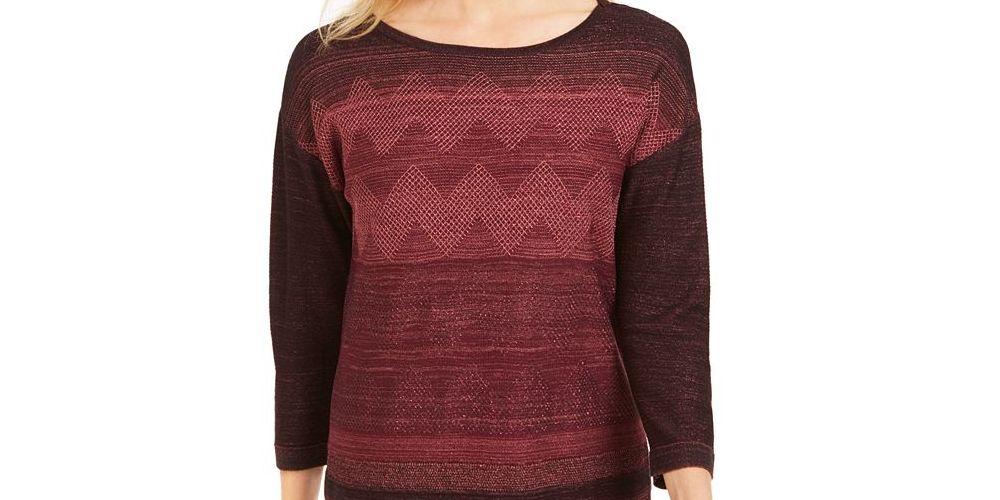 JM Collection Suéter feminino com ombros caídos e costura metálica, tamanho médio, vinho