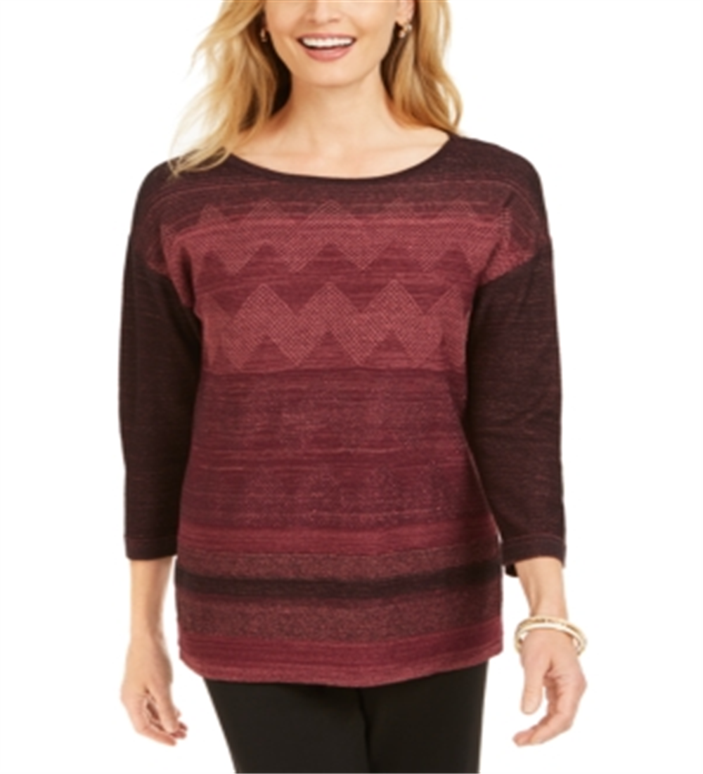 JM Collection Suéter feminino com ombros caídos e costura metálica, tamanho médio, vinho