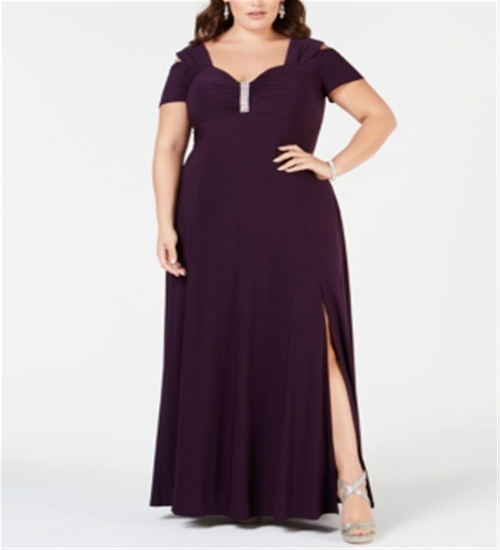 Vestido formal feminino R &amp; M Richards com decote coração e manga curta, comprimento total, roxo, tamanho 18W