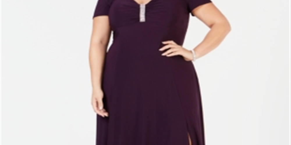 Vestido formal feminino R &amp; M Richards com decote coração e manga curta, comprimento total, roxo, tamanho 18W