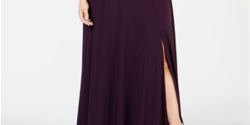 Vestido formal feminino R &amp; M Richards com decote coração e manga curta, comprimento total, roxo, tamanho 18W