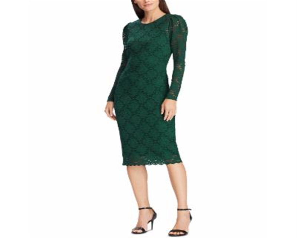 Vestido Ralph Lauren Feminino Bordado Renda Manga Longa Gola Joia Acima do Joelho Bainha Para Usar no Trabalho Verde Tamanho 18