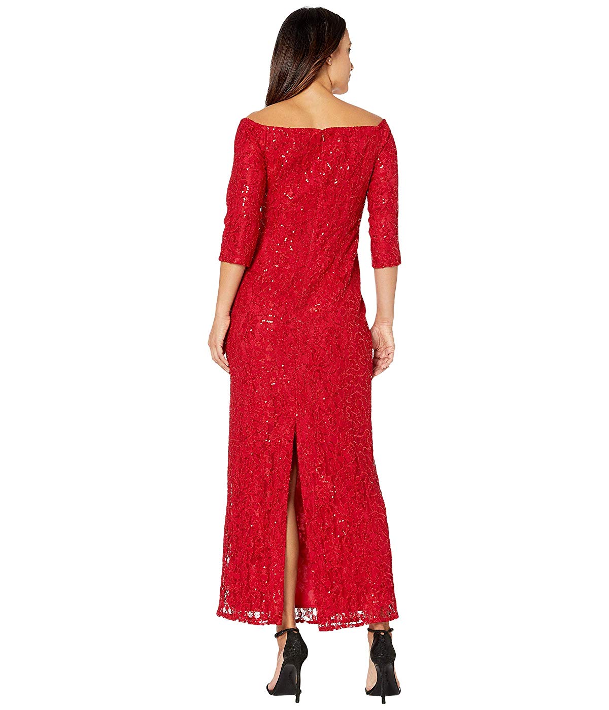 Vestido longo de renda e lantejoulas Alex Evenings feminino, ombro de fora, vermelho, tamanho 12P