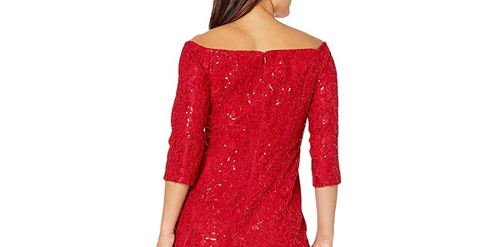Vestido longo de renda e lantejoulas Alex Evenings feminino, ombro de fora, vermelho, tamanho 12P