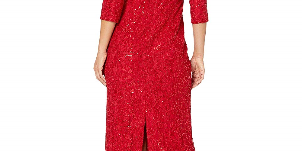 Vestido longo de renda e lantejoulas Alex Evenings feminino, ombro de fora, vermelho, tamanho 12P