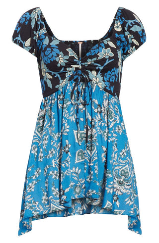 Blusa de malha feminina Free People La Bamba Babydoll com amarração frontal azul tamanho XS