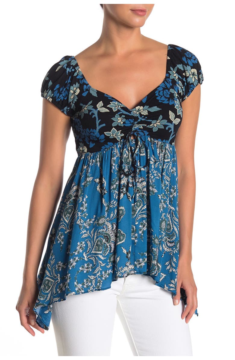 Blusa de malha feminina Free People La Bamba Babydoll com amarração frontal azul tamanho XS
