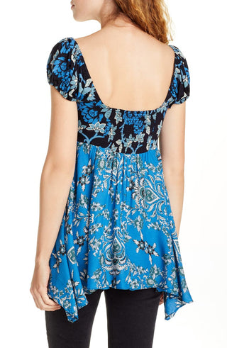 Blusa de malha feminina Free People La Bamba Babydoll com amarração frontal azul tamanho XS