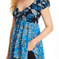 Blusa de malha feminina Free People La Bamba Babydoll com amarração frontal azul tamanho XS
