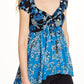 Blusa de malha feminina Free People La Bamba Babydoll com amarração frontal azul tamanho XS