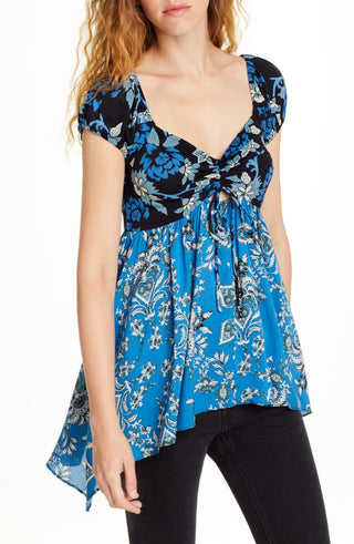 Blusa de malha feminina Free People La Bamba Babydoll com amarração frontal azul tamanho XS