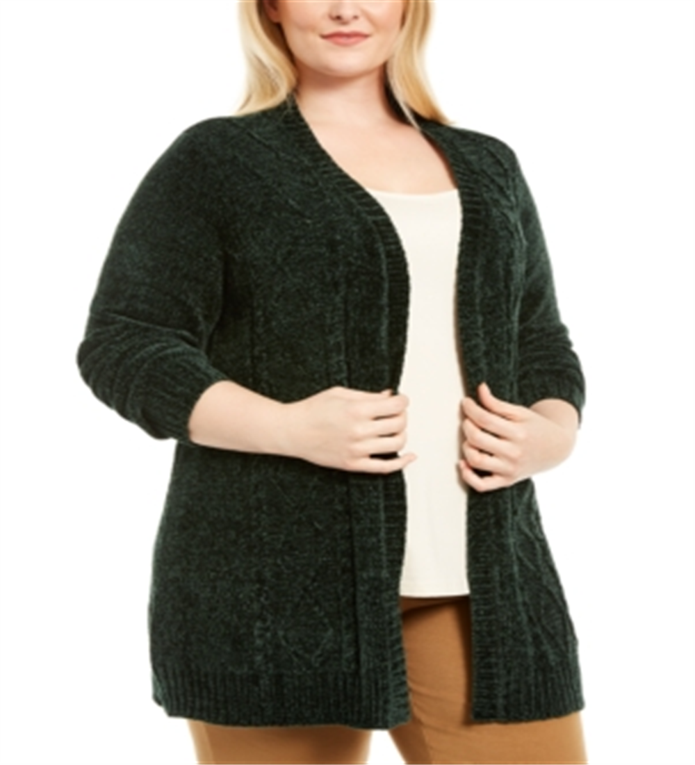 Karen Scott Cardigan Feminino Plus com Frente Aberta em Chenille Verde Tamanho 3XL