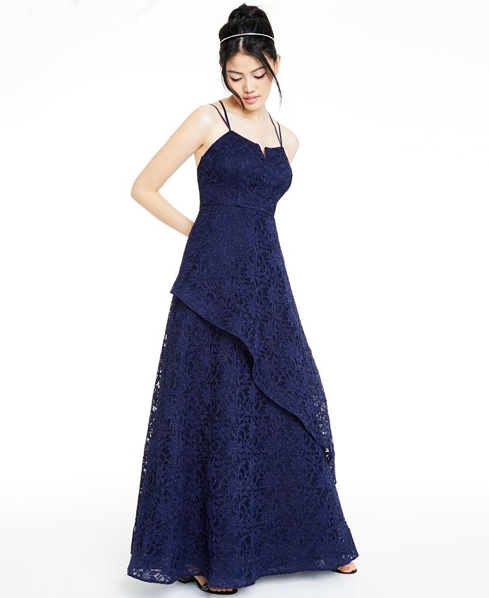 Vestido formal feminino BCX com alças finas e decote em V, comprimento total, estilo flare, azul, tamanho 1