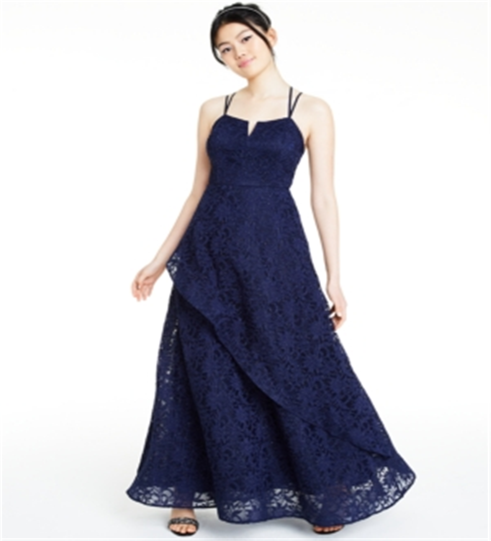 Vestido formal feminino BCX com alças finas e decote em V, comprimento total, estilo flare, azul, tamanho 1