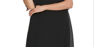 Vestido feminino DKNY com mangas plissadas e decote em V, azul, tamanho M