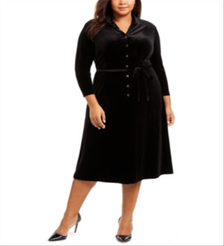Vestido de veludo feminino Anne Klein com botões e corte evasê, preto, tamanho 24W